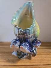 Vintage Iridescent Lusterware Ceramic Sea Shell Vase/Planter W/Dolphins picture