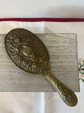 Antique Art Nouveau Hand Mirror Vanity Ornate Raised Cherub Angel  Floral Glass picture