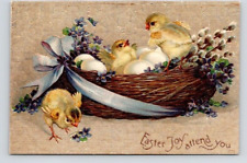 POSTCARD GREETING EASTER CHICKS IN A BASKET picture