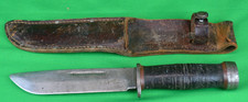 Vintage Cattaraugus 225Q Fixed Blade Leather Handle Knife & Sheath WWII Miltiary picture