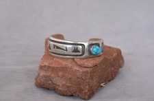Vintage Hopi Silver Bracelet - Turquoise - Prayer Feather Design - 6 3/8