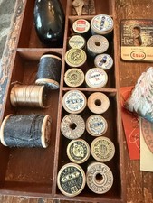 Large Vintage Sewing Notions Lot Wood Spools Buttons Needles Darning Advertising picture