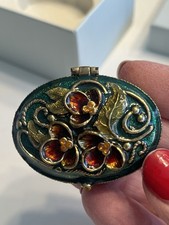 Vtg Monet Emerald Green Floral Enameled Jeweled Hinged Trinket Treasure Pill Box picture