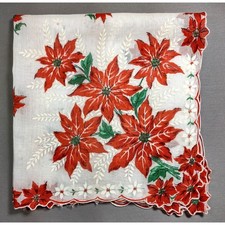 VTG 1950s Hand Printed Christmas Poinsettia Hankie Unused Scalloped 14.5 x 15 picture