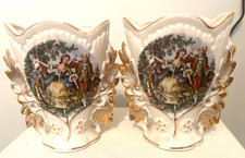 Vintage English Ceramic White Vases with Gold trim, English man and woman picture