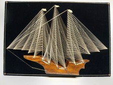 VINTAGE MCM STRING ART WOODEN SAIL BOAT SHIP ON VELVET FRAMED WALL ART 17X24 picture