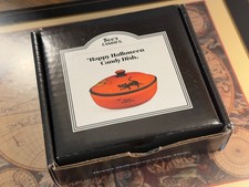 See's Candies Happy Halloween Orange Candy Dish w/Jack-O'-Lantern Black Cat Bats picture