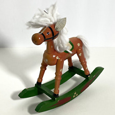 Christmas Rocking Horse Vintage Figure Miniature White Green Brown 7in Tall picture