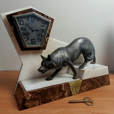 Working Large French Art Deco Marble Alsation Dog Figural Mantel Clock C.1920’s picture