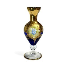 Vtg Murano Italy Cobalt Blue Art Glass Bud Vase 24k Gold Enamel Raised Floral picture