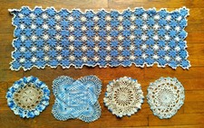 Lot Of 5 Vintage Hand Crocheted Blue & White Lace Table Runner & Doilies Flowers picture