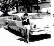 Vintage 1958 Snapshot Pretty Woman Shorts Posing With 1957-58  Ford Fairlane picture
