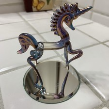 Clear Glass Unicorn Figurine+Mirror Base Iridescent Detail Mythical Fantasy picture