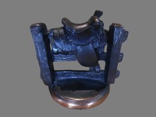 Vintage Western Bronze Miniature Figurine – Cowboy Saddle on Fence Paperweight picture