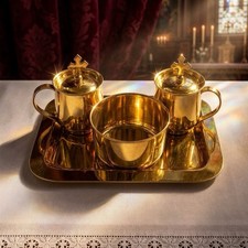 Sudbury Brass Communion Set Water Wine Cruets Bowl Tray Open Box picture