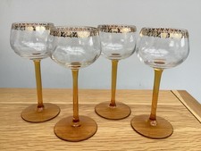 Set of 4 Vintage Luminarc Gold & Amber Long Stem 70’s Hock Wine Glasses 17cm picture