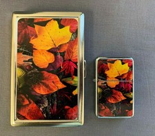 BEAUTIFUL FALL LEAVES CIGARETTE CASE / WALLET & OIL LIGHTER SET picture