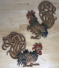 Vintage Vermay Metal Fighting Roosters Wall Art MCM Chickens Set Of 2 picture