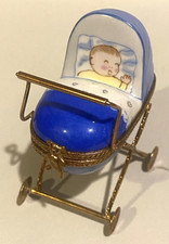 LIMOGES France PEINT MAIN Trinket Box-BABY STROLLER/CARRIAGE/PRAM-Signed-Darling picture