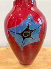 Signed Richard Satava Studio Art Glass Deep Red Vase Unusual Blue Flowers 7 1/2