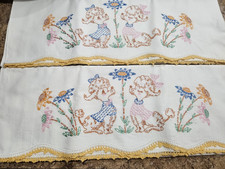 Excellent Pr Vintage Hand Embroidered Adorable Poodles Puppy Pillowcases picture