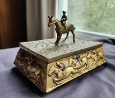 1930'S era ARMOR BRONZE CLAD Jockey & Race Horse Jewlry Casket Trinket Box picture