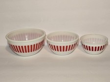 3pc Vintage Hazel Atlas Milk Glass Mixing Bowl Set Red Stripe Nesting Bowls picture