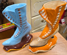 Vintage Atlantic Mold Ceramic Victorian Shoe High Top Button Boot Vase Planter picture