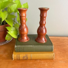 Handcrafted Cherry Wood Candlestick Pair Vintage 1992 Taper Holder Cottage Core picture