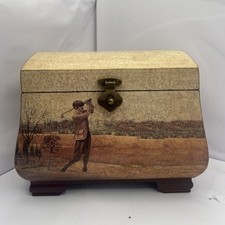 Vintage Golf Wooden Keepsake Chest Embossed Golfer Scene Brass Hardware Box picture