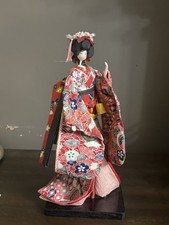 Japanese geisha doll washi paper doll floral kimono red flower motifs picture