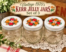 Vintage 1970s Kerr Jelly Jars Set 3 Retro Fruit Floral Lids – Country Kitchen picture