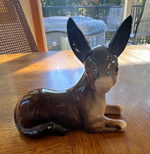 Vintage Glossy Ceramic Donkey Figurine Lying Down Gray Black White picture