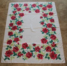 Retro Cotton Tablecloth Big Fat Red Roses 1950-60s Vintage 60