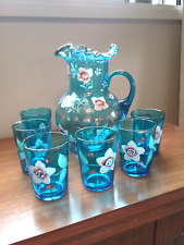 ANTIQUE FENTON ART GLASS BLUE RUFFLED PITCHER AND GLASES, 7 PC LEMONADE SET picture
