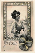 1911 French Art Nouveau Border Woman w/ Pansies 