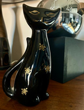 Title: Vintage Mid Century Black Ceramic Cat Bud Vase - Gold Chintz Rose Kitty picture