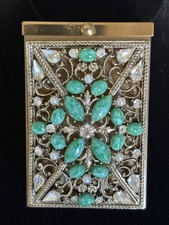 VINTAGE 1950S HEAVILY JEWELED BRASS CIGARETTE CASE picture
