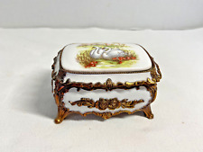 Vintage Victorian Enamel Gold Tone Victorian Swans/Rose Footed Jewelry Music Box picture