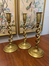3 ANTIQUE SAND CAST BRASS ENGLISH DOUBLE OPEN BARLEY TWIST CANDLESTICKS picture