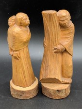 Vintage Hand Carved Wood Folk Art Figurines Rustic Primitive Couple Set of 2 picture