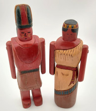 Vtg Wolf Creek Signed Native American Indian Folk Art Wood Lot of 2 Figurine Set picture