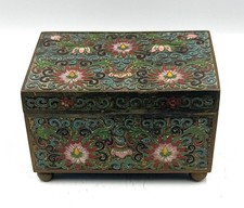 Vintage Chinese Cloisonné Enamel Footed Trinket Box Lotus Floral Brass c. 1900 picture