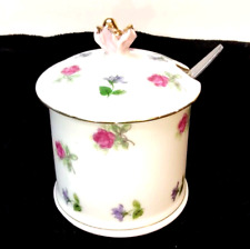 Vintage Lidded Sugar Bowl with Rose Lid Handle & Spoon - Purple & Pink Flowers picture