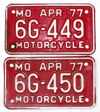 Rare Consecutive 1977 Missouri Motorcyle License Plates 6G-449 & 6G-450 picture