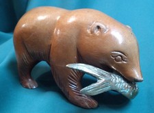 Vintage Carved Wooden Bear with Brass Fish in mouth picture