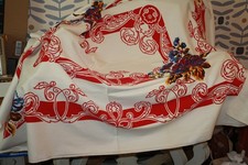 Vintage large heavy cotton floral & scroll tablecloth, 1930s/40s, excellent cond picture