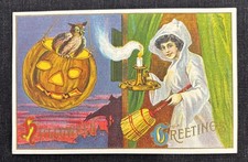 Vintage 1912 Halloween Greetings Postcard Jack-o-Lantern Owl Candle L M Jackson picture