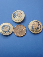 Cracker Jack's Prizes 1930's Set Of 3 Button Pins. 3 Indigenous Of North America picture