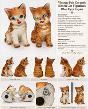 Japan Ceramic Kitten Cat Figurines Pair Blue Eyes 5” Mid Century Kitsch Vintage picture